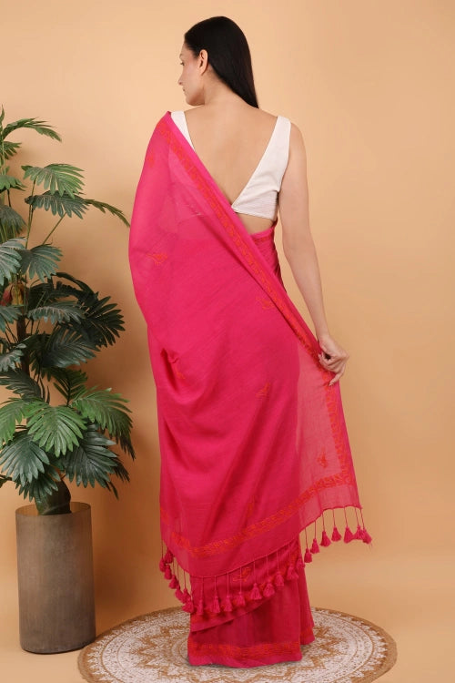 Shwet Women Mgenta Pink Hand Embroidered Chikankari Mulmul Saree