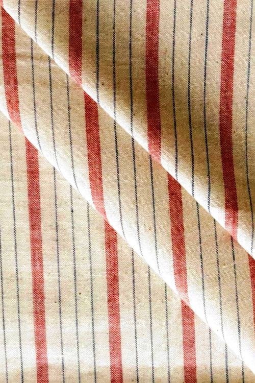 Moralfibre 100% Cotton Handspun Handwoven Light Red  Blue White Mlulti Stripe Fabric 0.5 mtr