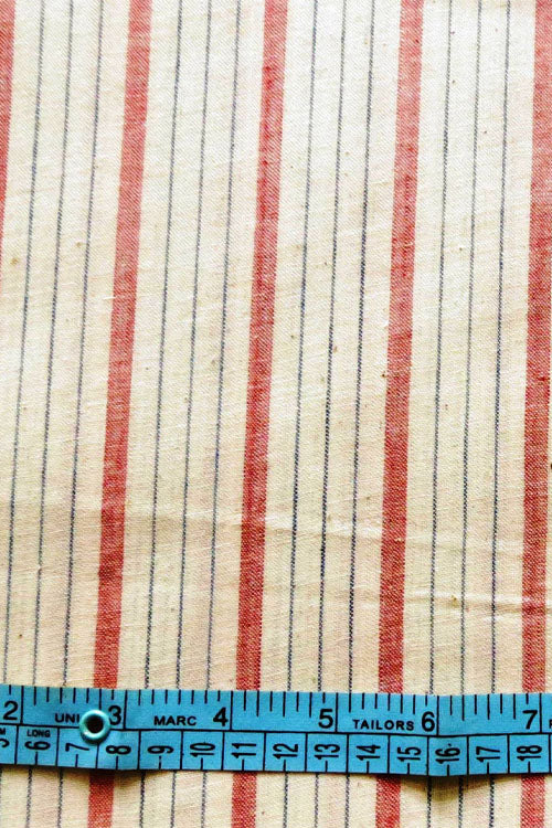 Moralfibre 100% Cotton Handspun Handwoven Light Red  Blue White Mlulti Stripe Fabric 0.5 mtr