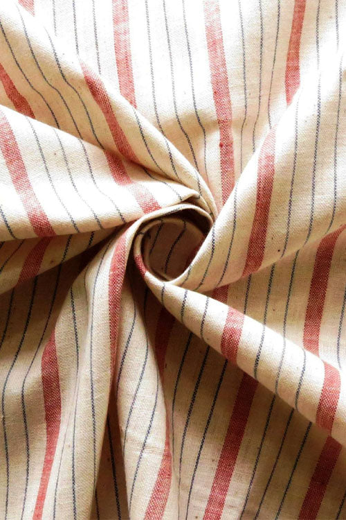 Moralfibre 100% Cotton Handspun Handwoven Light Red  Blue White Mlulti Stripe Fabric 0.5 mtr