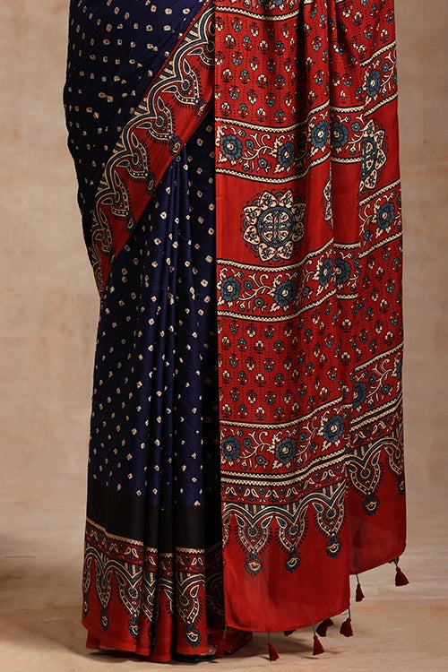 Jahangir Khatri - Red & Navy Blue Ajrakhn & Bandhani Modal Saree