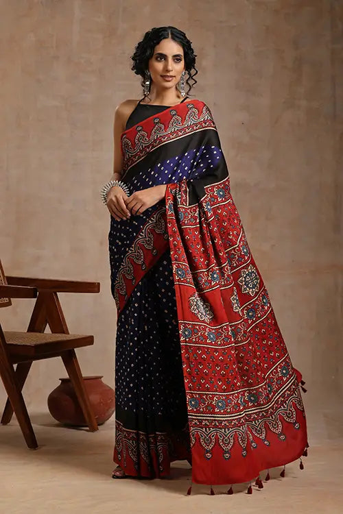 Jahangir Khatri - Red & Navy Blue Ajrakhn & Bandhani Modal Saree