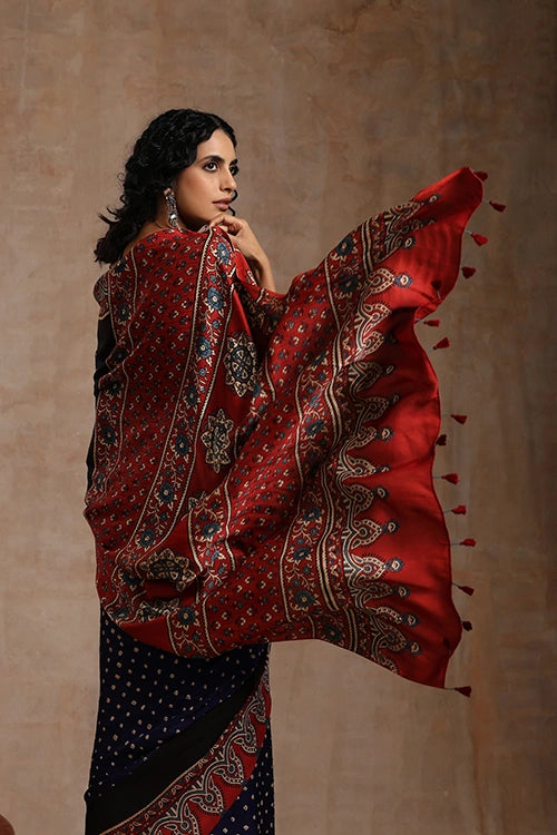 Jahangir Khatri - Red & Navy Blue Ajrakhn & Bandhani Modal Saree
