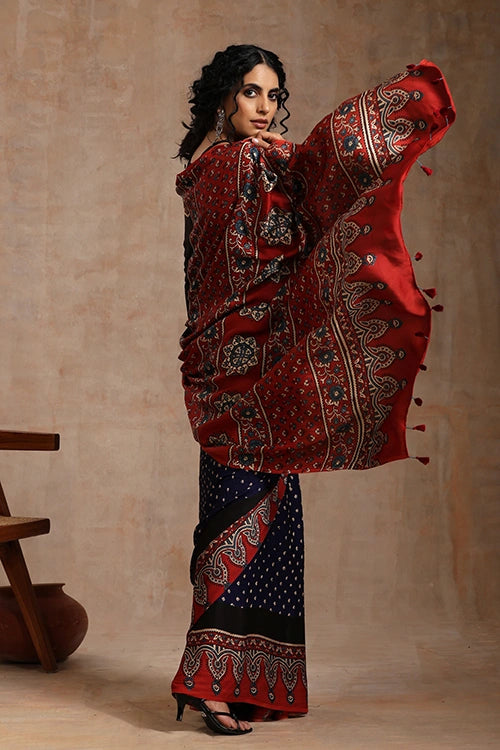 Jahangir Khatri - Red & Navy Blue Ajrakhn & Bandhani Modal Saree