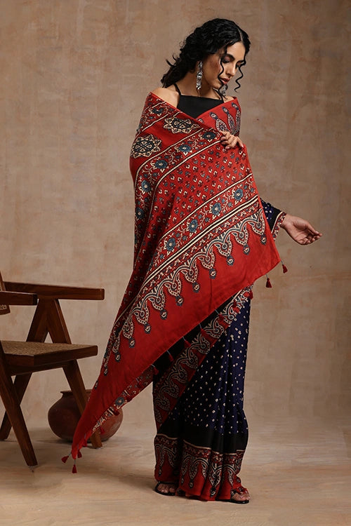Jahangir Khatri - Red & Navy Blue Ajrakhn & Bandhani Modal Saree