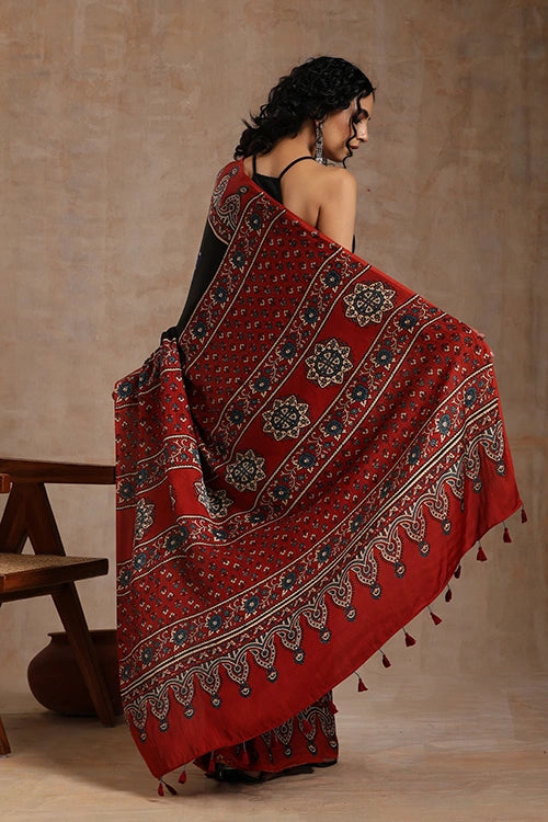 Jahangir Khatri - Red & Navy Blue Ajrakhn & Bandhani Modal Saree