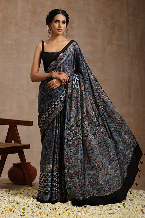 Tenaaro Ajrakh Hand Block Printed Modal Saree (Indigoblue-6)