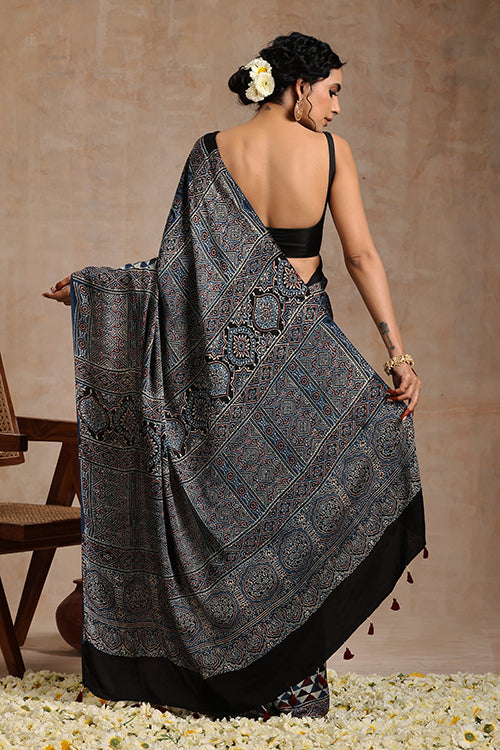 Tenaaro Ajrakh Hand Block Printed Modal Saree (Indigoblue-6)