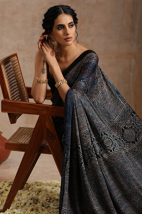 Tenaaro Ajrakh Hand Block Printed Modal Saree (Indigoblue-6)