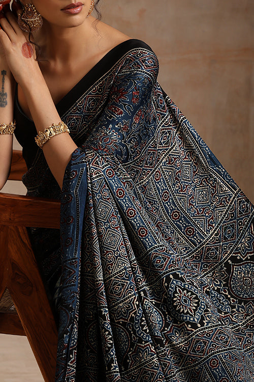 Tenaaro Ajrakh Hand Block Printed Modal Saree (Indigoblue-6)