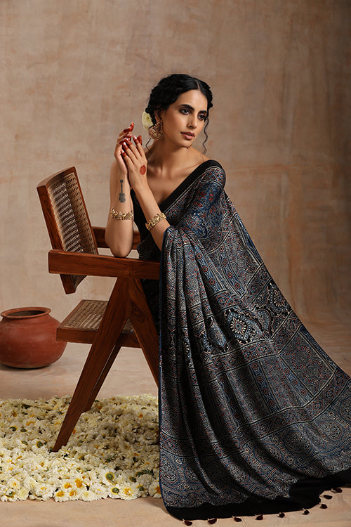 Tenaaro Ajrakh Hand Block Printed Modal Saree (Indigoblue-6)