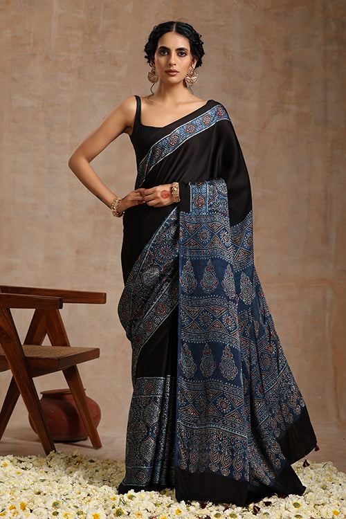 Tenaaro Ajrakh Hand Block Printed   Modal Saree (Indigoblue-4)