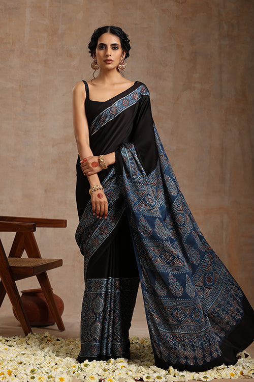 Tenaaro Ajrakh Hand Block Printed   Modal Saree (Indigoblue-4)