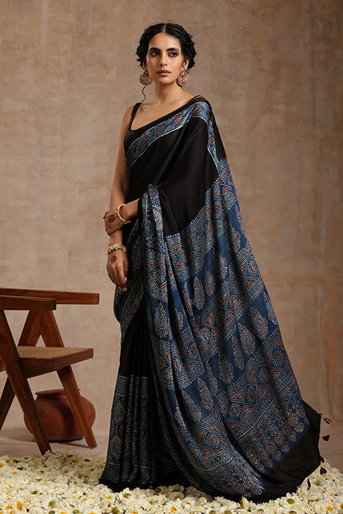 Tenaaro Ajrakh Hand Block Printed   Modal Saree (Indigoblue-4)