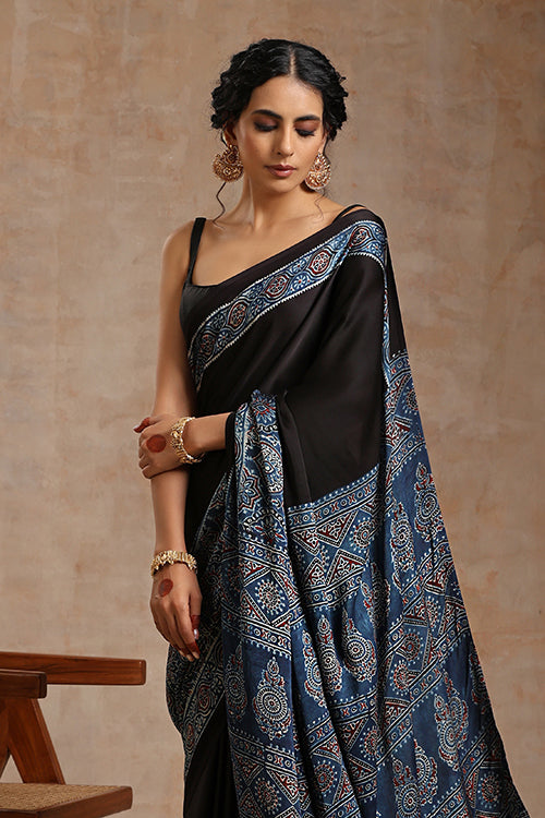 Tenaaro Ajrakh Hand Block Printed   Modal Saree (Indigoblue-4)