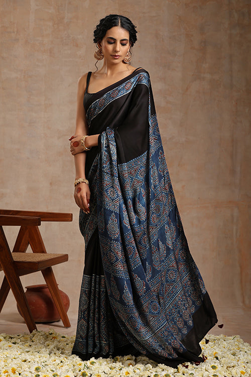 Tenaaro Ajrakh Hand Block Printed   Modal Saree (Indigoblue-4)