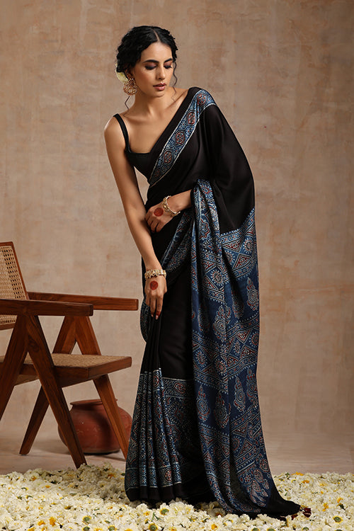 Tenaaro Ajrakh Hand Block Printed   Modal Saree (Indigoblue-4)