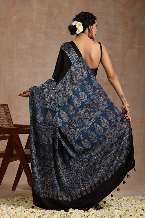 Tenaaro Ajrakh Hand Block Printed   Modal Saree (Indigoblue-4)