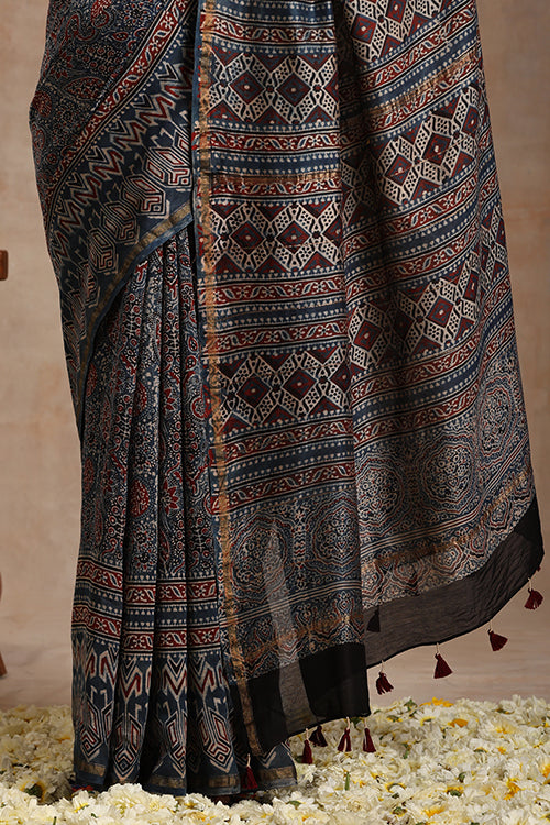 Tenaaro Ajrakh Hand Block Printed   Chanderi Saree (Indigoblue-1)