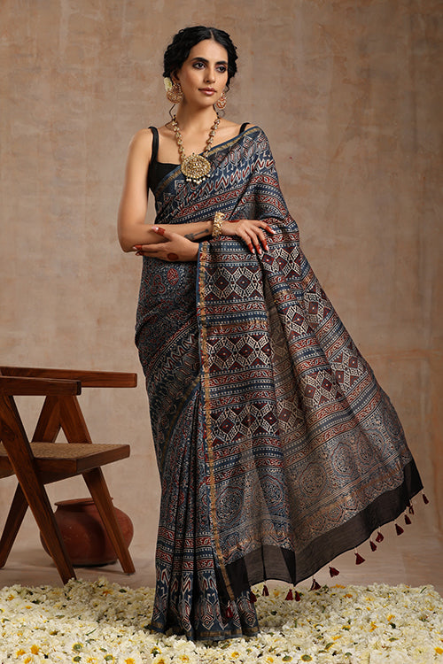 Tenaaro Ajrakh Hand Block Printed   Chanderi Saree (Indigoblue-1)