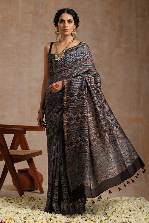 Tenaaro Ajrakh Hand Block Printed   Chanderi Saree (Indigoblue-1)