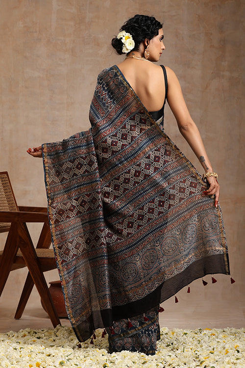 Tenaaro Ajrakh Hand Block Printed   Chanderi Saree (Indigoblue-1)