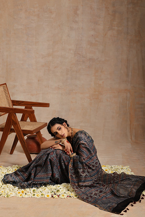 Tenaaro Ajrakh Hand Block Printed   Chanderi Saree