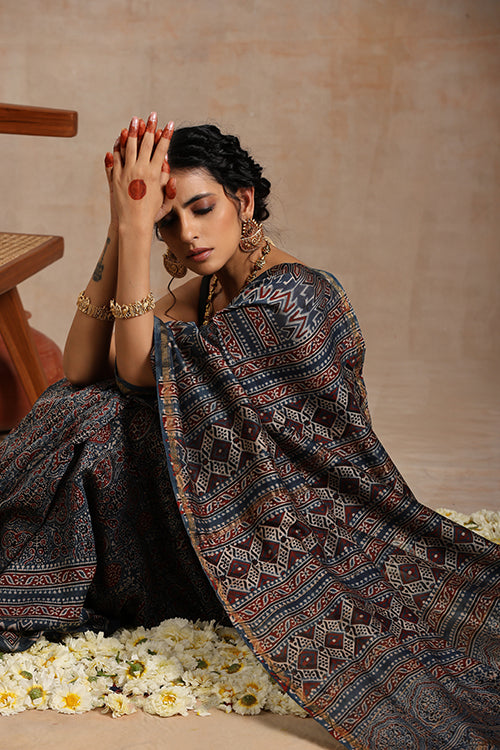 Tenaaro Ajrakh Hand Block Printed   Chanderi Saree (Indigoblue-1)