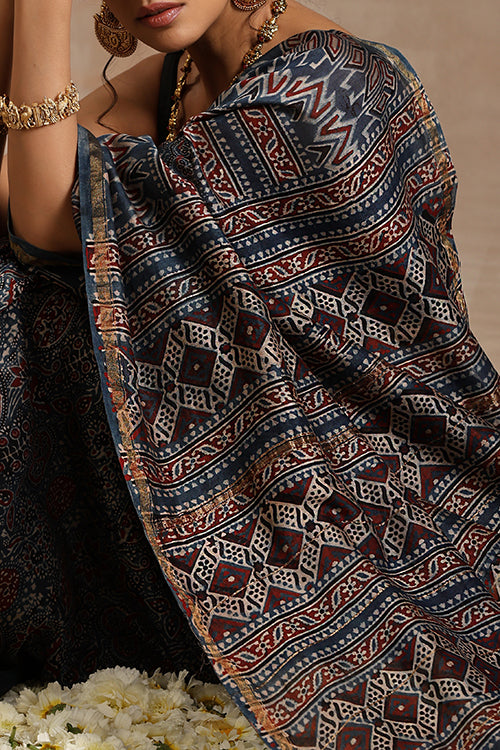Tenaaro Ajrakh Hand Block Printed   Chanderi Saree
