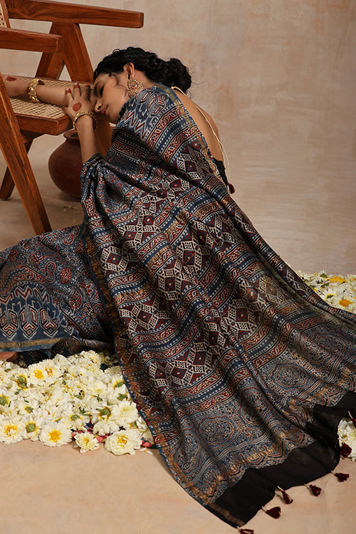 Tenaaro Ajrakh Hand Block Printed   Chanderi Saree (Indigoblue-1)