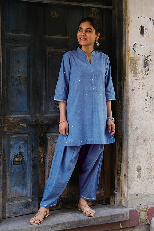 Okhai "Ariel" Hand-Embroidered and Mirrowork Blue Pure Cotton Kurta Salwar Set