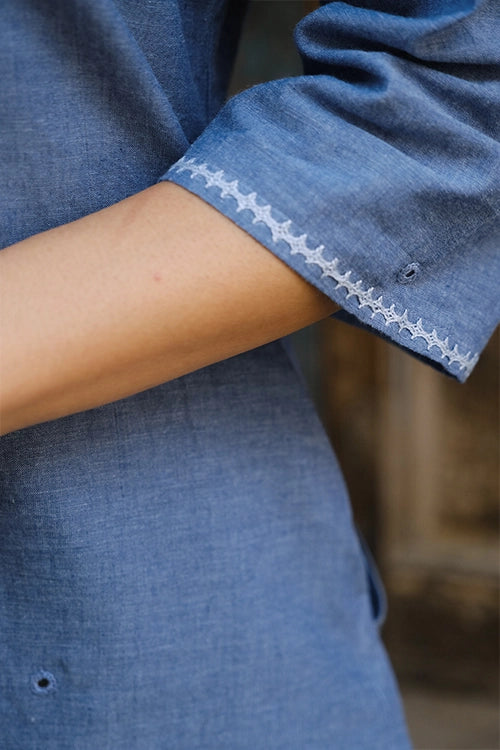 Okhai "Ariel" Hand-Embroidered and Mirrowork Blue Pure Cotton Kurta Salwar Set