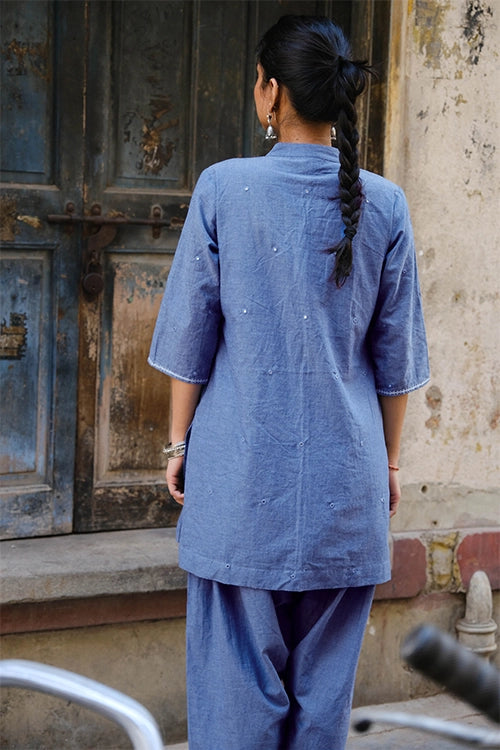 Okhai "Ariel" Hand-Embroidered and Mirrowork Blue Pure Cotton Kurta Salwar Set