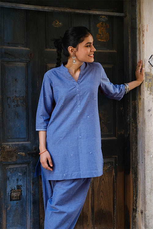 Okhai "Ariel" Hand-Embroidered and Mirrowork Blue Pure Cotton Kurta Salwar Set