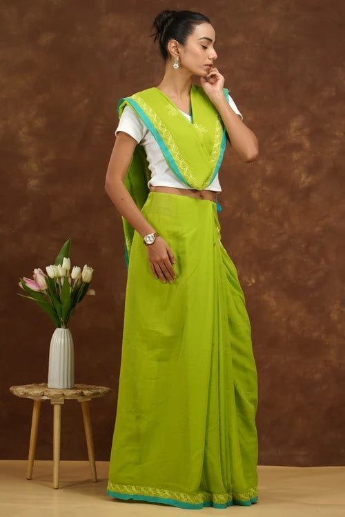 Shwet Women Parrot Green Hand Embroidered Chikankari Mulmul Saree