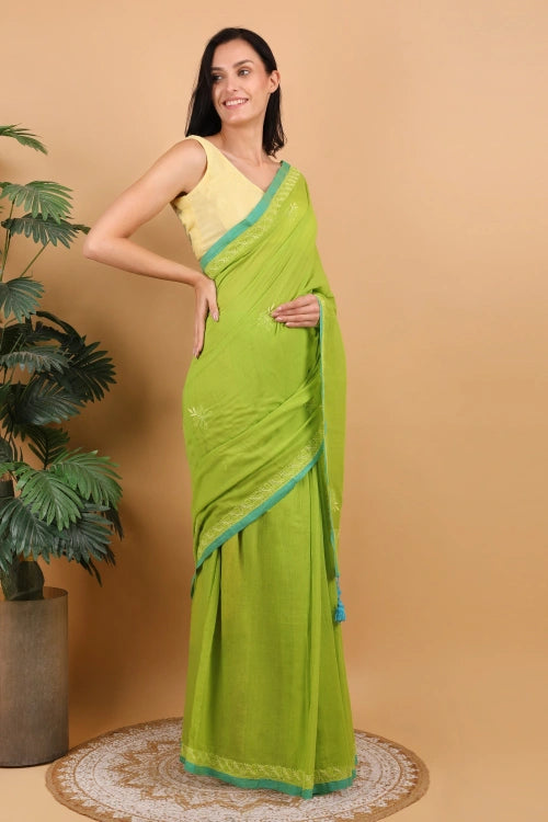 Shwet Women Parrot Green Hand Embroidered Chikankari Mulmul Saree