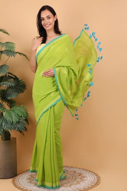 Shwet Women Parrot Green Hand Embroidered Chikankari Mulmul Saree