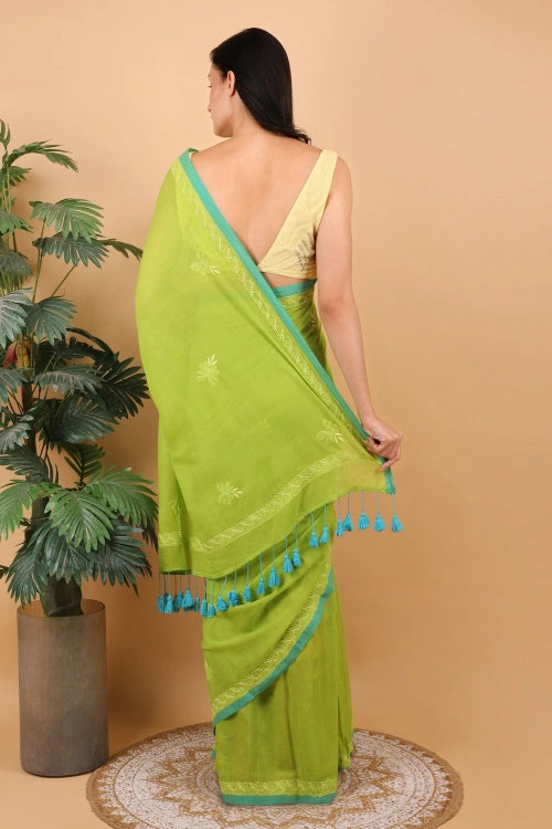 Shwet Women Parrot Green Hand Embroidered Chikankari Mulmul Saree