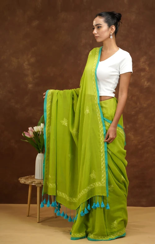 Shwet Women Parrot Green Hand Embroidered Chikankari Mulmul Saree