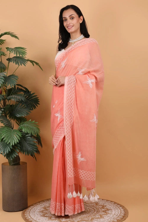 Shwet Women Peach Hand Embroidered Chikankari  Mulmul Saree