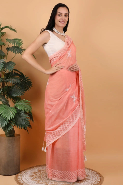 Shwet Women Peach Hand Embroidered Chikankari  Mulmul Saree