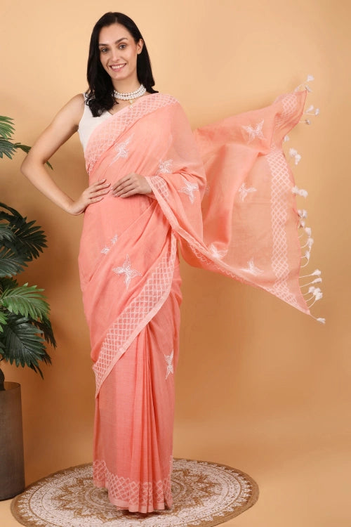 Shwet Women Peach Hand Embroidered Chikankari  Mulmul Saree