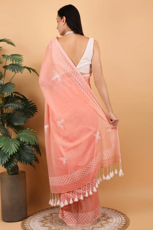 Shwet Women Peach Hand Embroidered Chikankari  Mulmul Saree