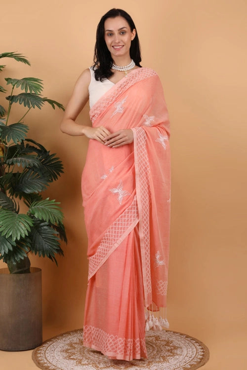 Shwet Women Peach Hand Embroidered Chikankari  Mulmul Saree