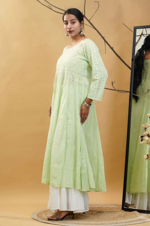 Shwet Women Pista Green Hand Embroidered Chikankari Kali kurti