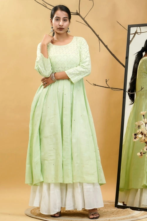 Shwet Women Pista Green Hand Embroidered Chikankari Kali kurti