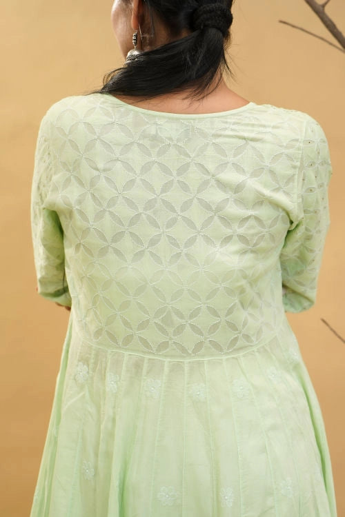 Shwet Women Pista Green Hand Embroidered Chikankari Kali kurti