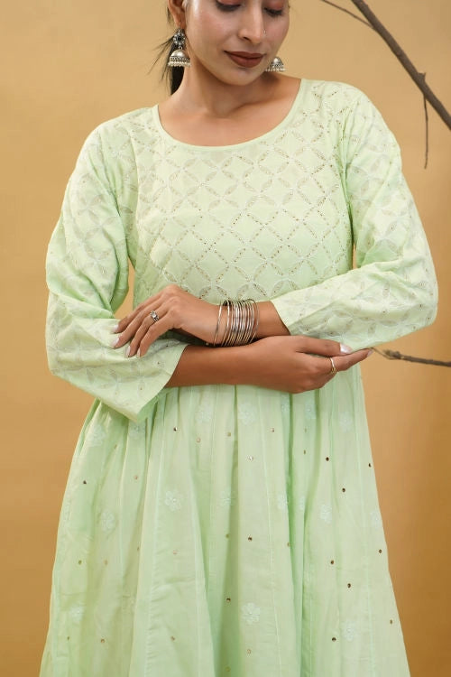 Shwet Women Pista Green Hand Embroidered Chikankari Kali kurti