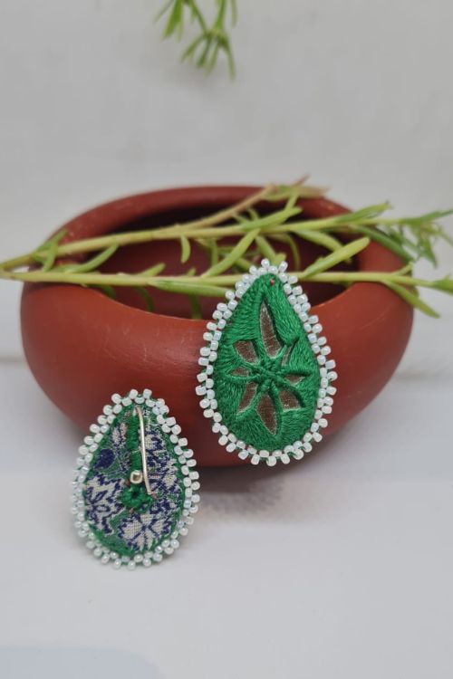Antarang, Pan Green Stud Earings, 100% Cotton, Handmade By Divyang Rural Women