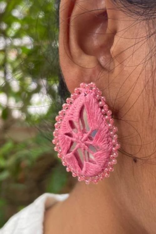 Antarang, Pan Pink Mirror Earings, 100% Cotton, Handmade By Divyang Rural Women